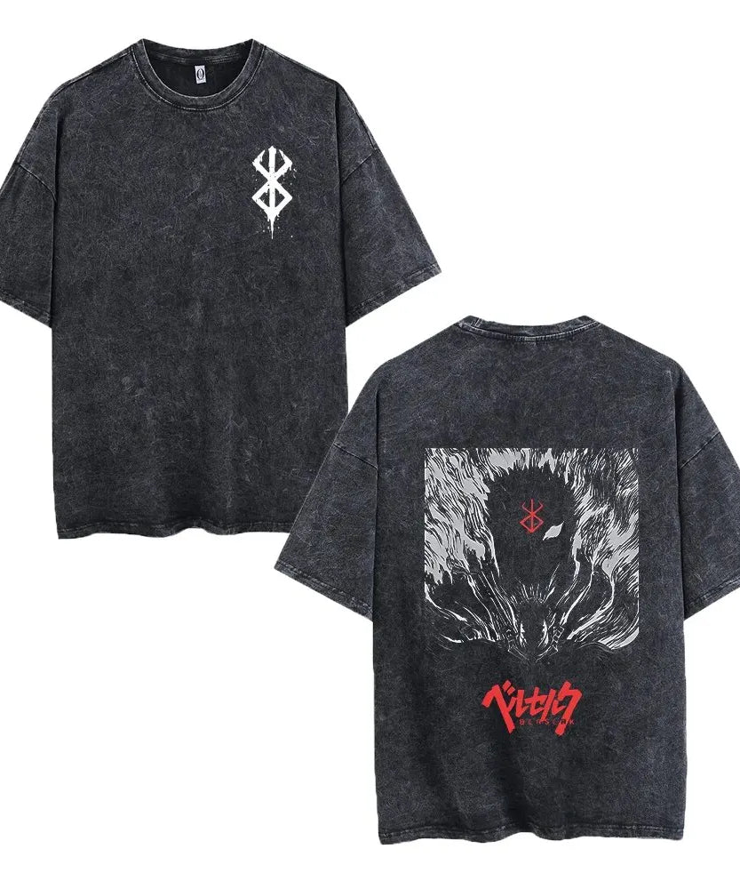 Anime Printed Washed Short-Sleeved Retro Fashion Men's and Women's Short Sleeved Casual Sports Short Sleeved