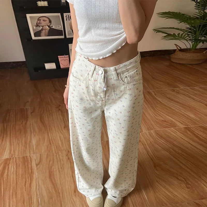 Simple Floral Sanrio Hello Kitty Embroidered Jeans Women's Summer 2025 New Large Size Loose High Waist Straight Trousers Gift