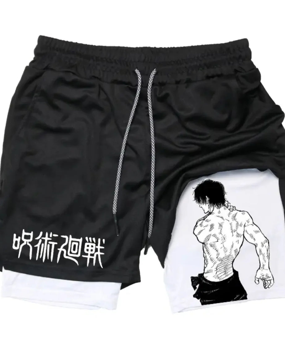 Anime Jujutsu Kaisen Performance Yuji Print Sport Running 2 in 1 Gym Shorts Training Men's Summer Workout Sportwear Y2K Shorts