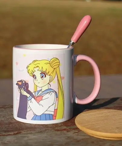 Sailor Moon Usagi Ceramic Mug with Lid & Heart Spoon – Cute Anime Gift Cup