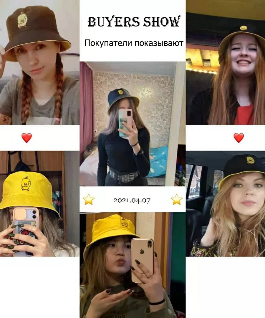 Summer Duck Reversible Bucket Hat for Women Travel Fisherman Hat Sad Boys Bob Fishing Cap Girl Outdoor Panama Beach Sun Hat