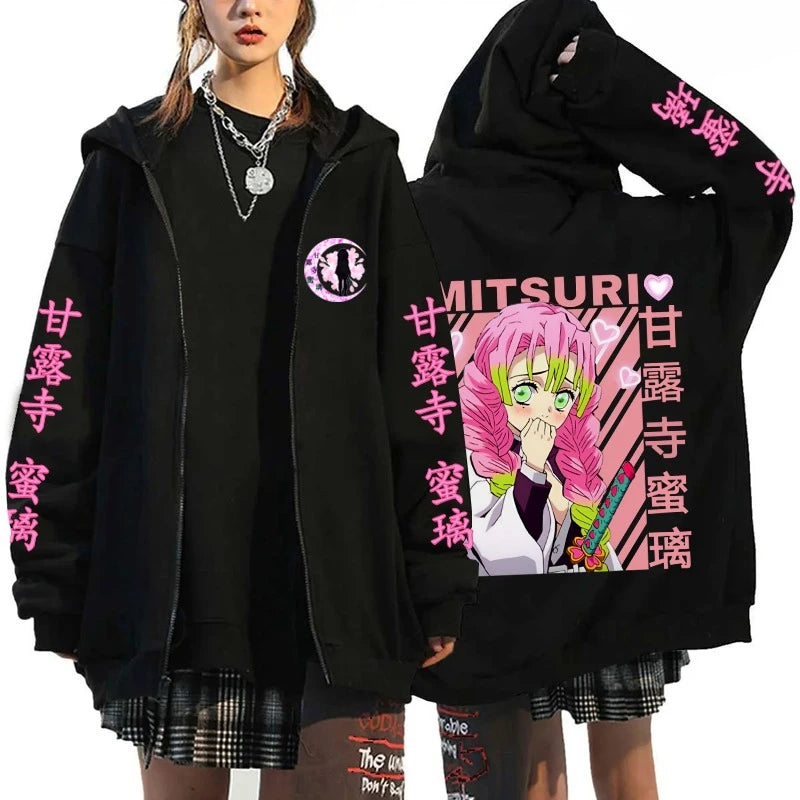 Demon Slayer Mitsuri Kanroji Graphic Zip-Up Hoodie Harajuku Anime Streetwear 4