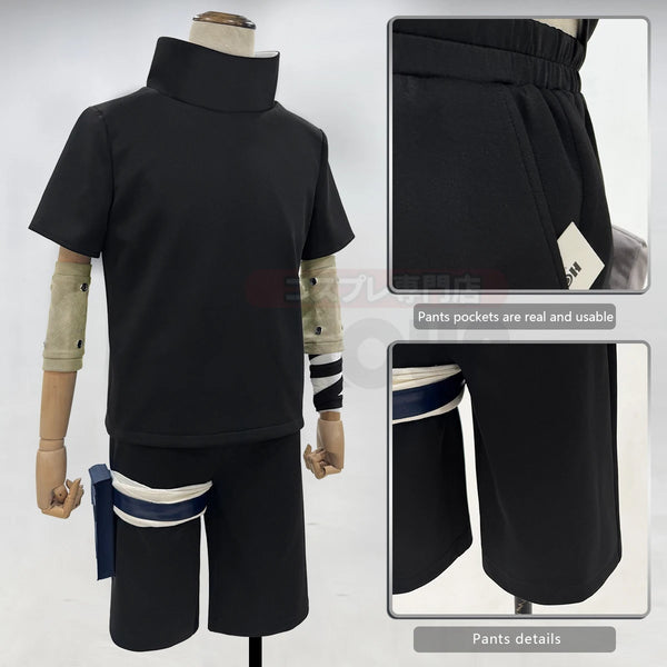 Anime Sasuke Uchiha Cosplay Costume – Black Top, Shorts & Waist Bag Set