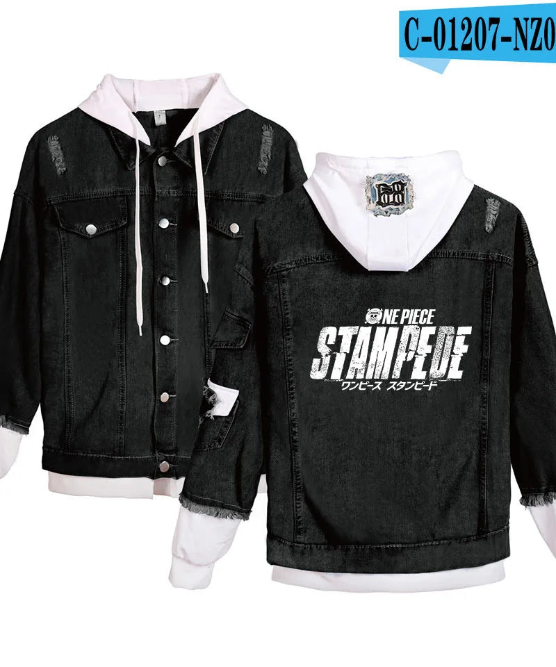 ONE PIECE Anime Chooper Denim Bomber Jacket Hooded Sweatshirt Unisex Ripped Hole Cosplay Hoodie Long-Sleeved Denim Jacket Gift