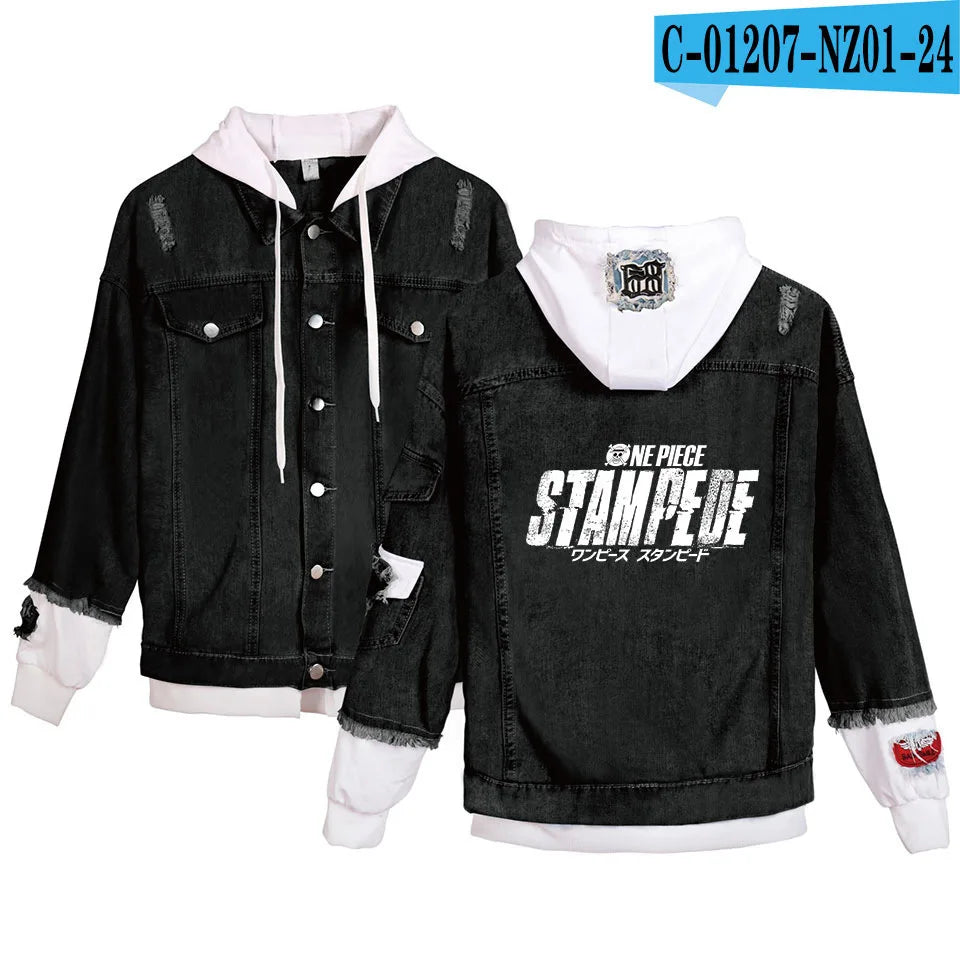 ONE PIECE Anime Chooper Denim Bomber Jacket Hooded Sweatshirt Unisex Ripped Hole Cosplay Hoodie Long-Sleeved Denim Jacket Gift