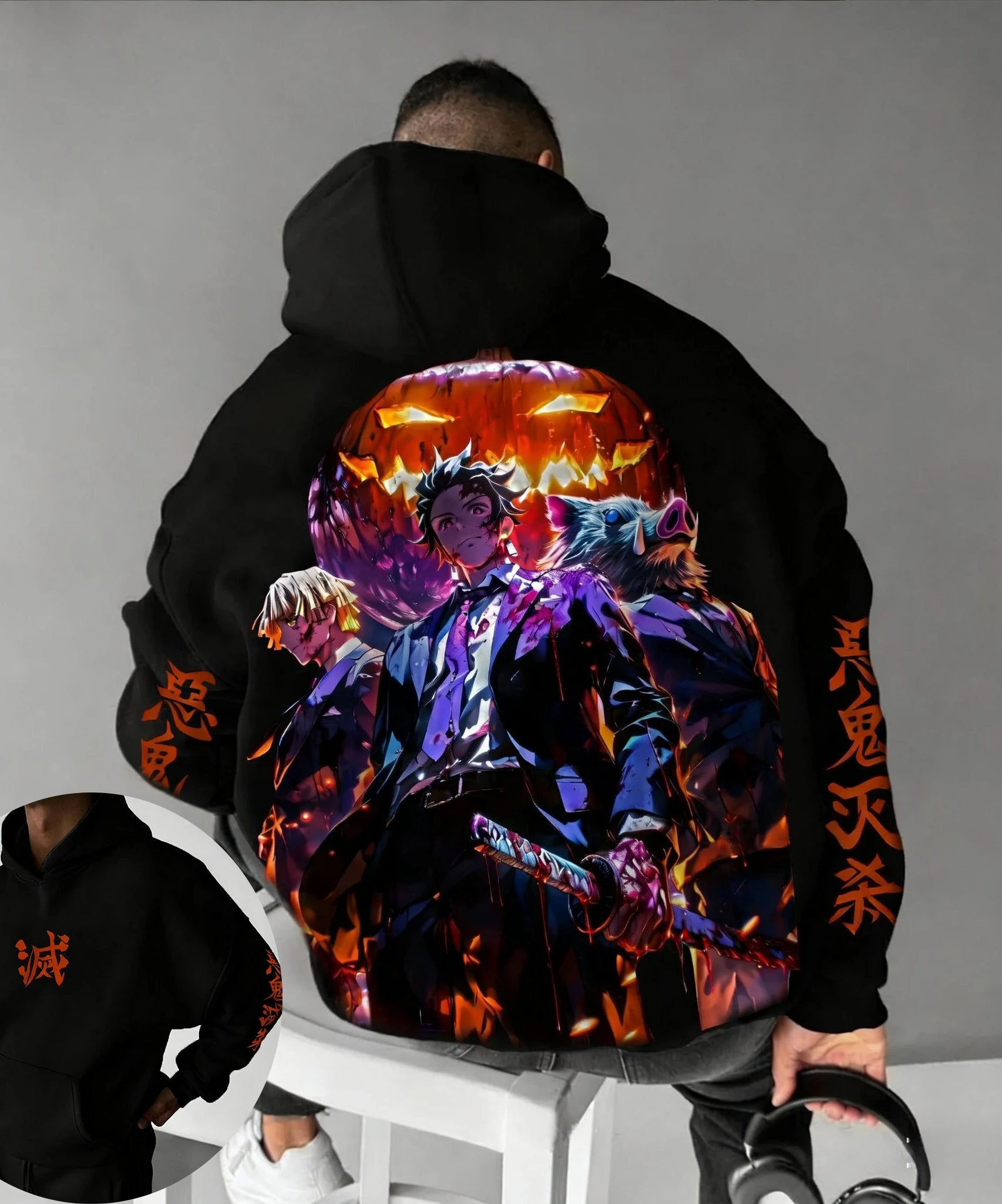 Demon Slayer Halloween Co Branded Hoodie Autumn/Winter Men's New Hashibira Inosuke Anime Printed Casual Loose Parent Child Top