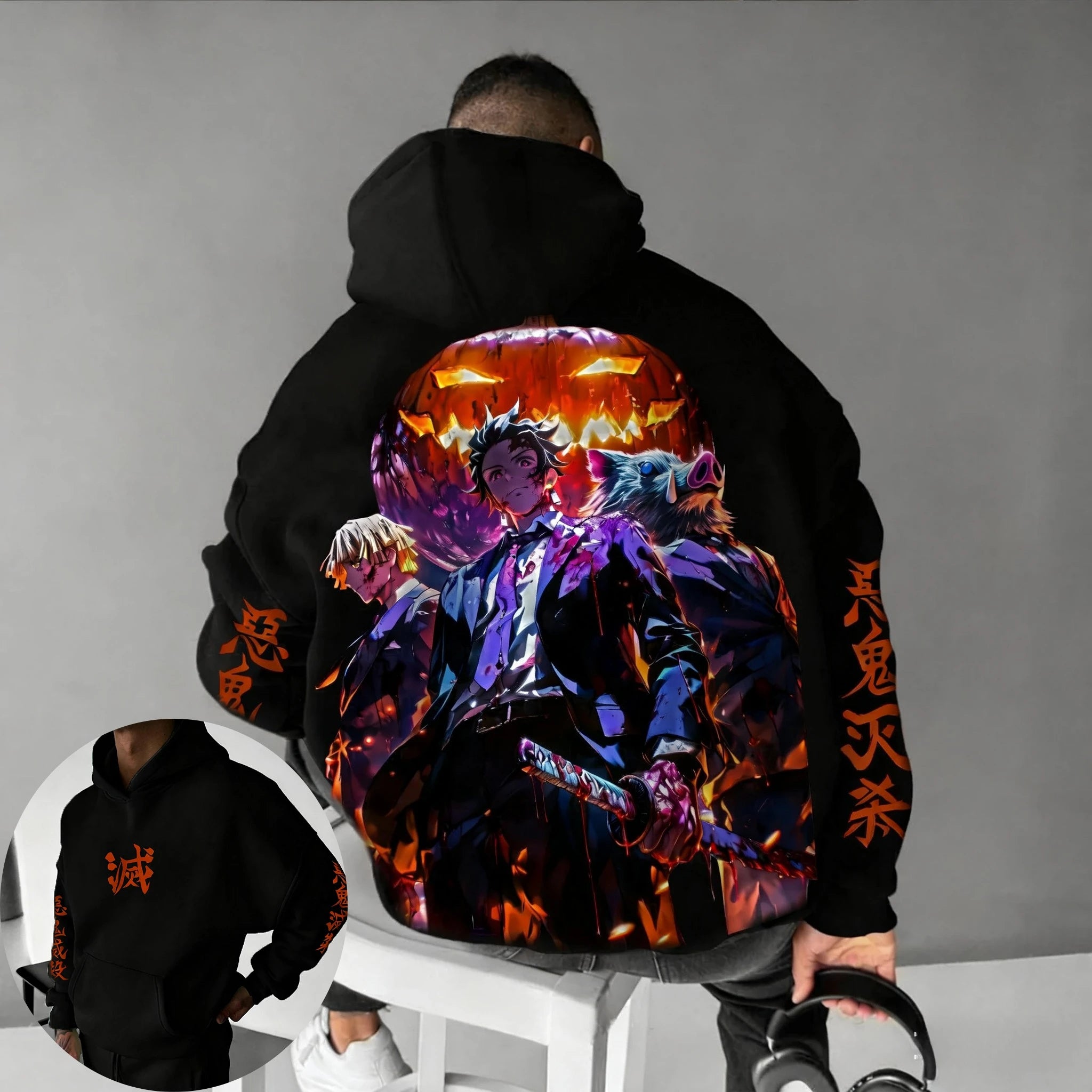 Demon Slayer Halloween Co Branded Hoodie Autumn/Winter Men's New Hashibira Inosuke Anime Printed Casual Loose Parent Child Top