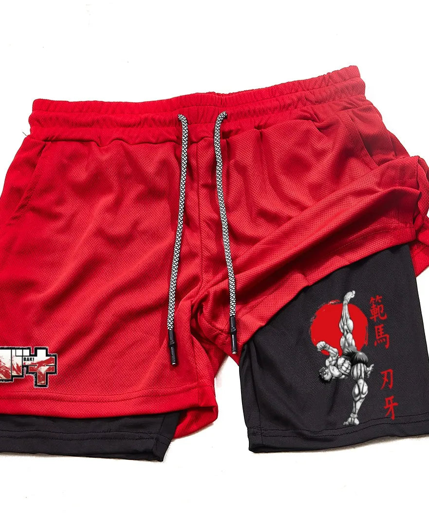 Men's and women's gym shorts, quick drying mesh shorts, animated printed Baki Hanma, sleeves, 2-in-1
