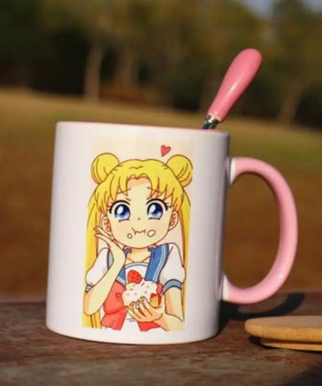 Sailor Moon Usagi Ceramic Mug with Lid & Heart Spoon – Cute Anime Gift Cup