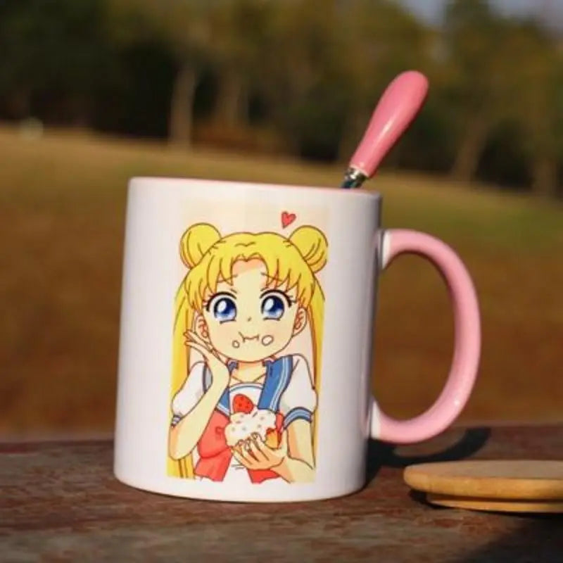 Sailor Moon Usagi Ceramic Mug with Lid & Heart Spoon – Cute Anime Gift Cup
