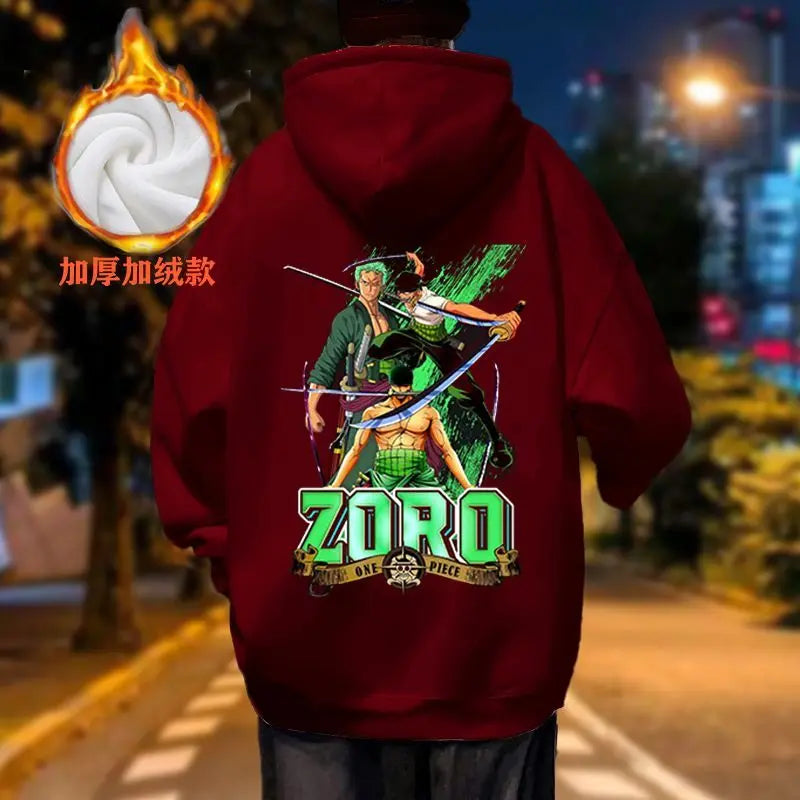 One Piece Roronoa Zoro Autumn and Winter Hooded Sweatshirt Thin with Thick Fleece for Couples Loose Fit Jacket