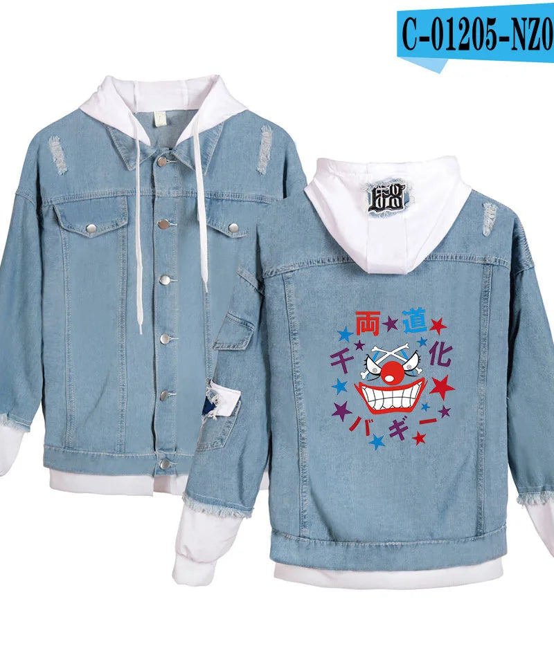 ONE PIECE Anime Chooper Denim Bomber Jacket Hooded Sweatshirt Unisex Ripped Hole Cosplay Hoodie Long-Sleeved Denim Jacket Gift