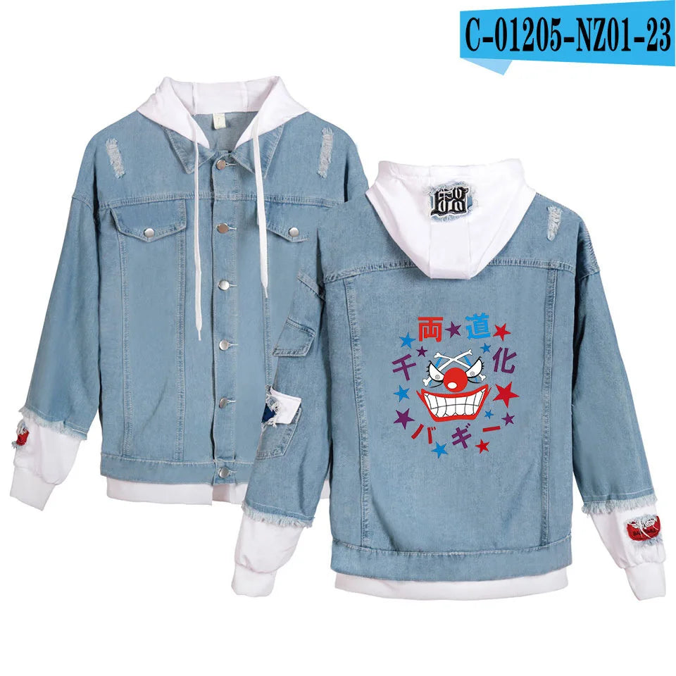 ONE PIECE Anime Chooper Denim Bomber Jacket Hooded Sweatshirt Unisex Ripped Hole Cosplay Hoodie Long-Sleeved Denim Jacket Gift