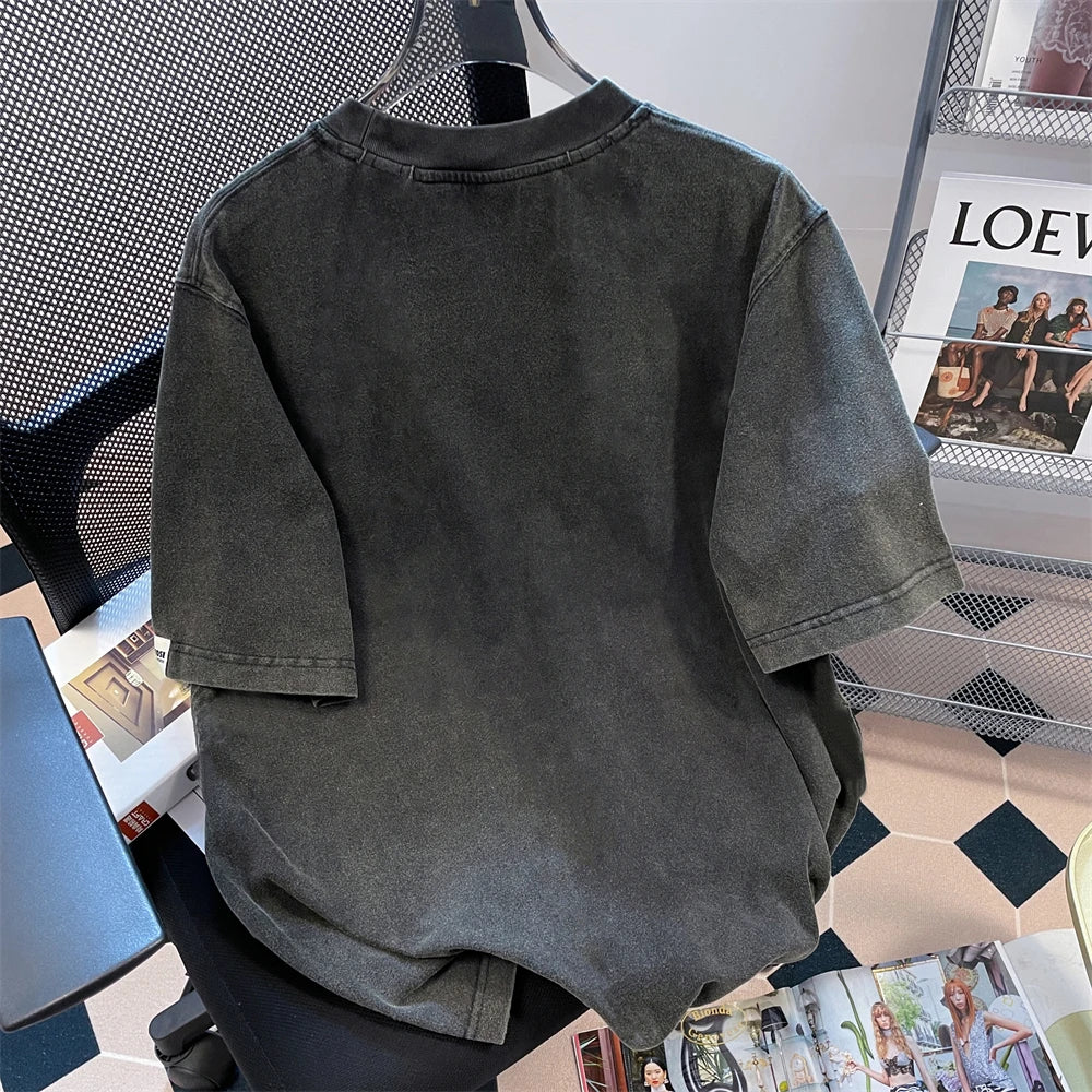 Short-Sleeved Tees Men's Women's T-Shirt American Streetwear Vintage Washed Cotton Tops Super Popular