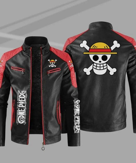 One Piece Luffy Skull PU Leather Jacket – Men's Winter Biker Style Coat