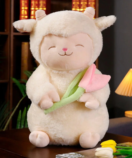 Kawaii Sweet White Sheep Lam Hold Tulip Flower Plush Doll Soft Stuffed Lamb With Tulip Plushie Toy Cute Gift For Kid Birthday