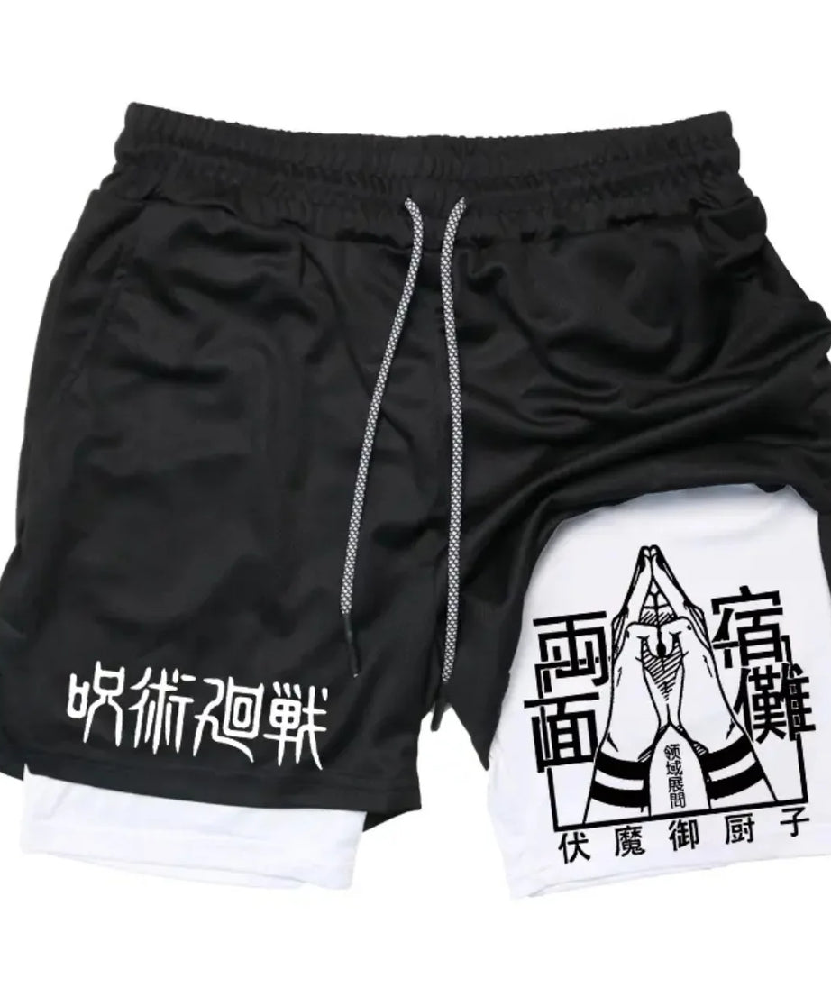 Anime Jujutsu Kaisen Performance Yuji Print Sport Running 2 in 1 Gym Shorts Training Men's Summer Workout Sportwear Y2K Shorts