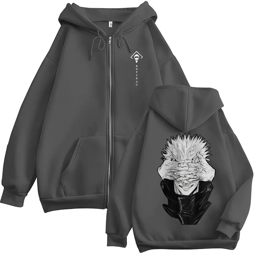 Jujutsu Kaisen Gojo Satoru Anime Zipper Hoodie – Gothic Manga Zip-Up Sweatshirt 4