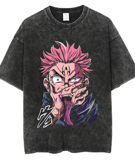 Summer Washed T Shirt Anime Graphic Print Streetwear Vintage Oversized T-Shirt Men Fashion Cotton Top Tee Black Tshirt