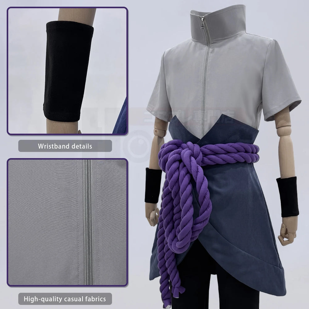 Uchiha Sasuke Anime Cosplay Costume & Wig Set – Grey Top, Pants & Purple Cord Belt 2