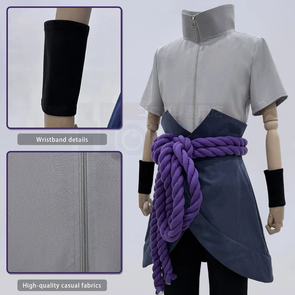 Uchiha Sasuke Anime Cosplay Costume & Wig Set – Grey Top, Pants & Purple Cord Belt