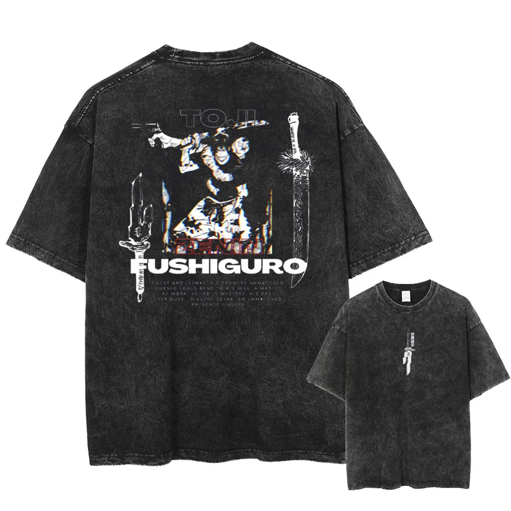 Anime Jujutsu Kaisen Toji Fushiguro Printed T-Shirt – Vintage Washed Graphic Tee 5