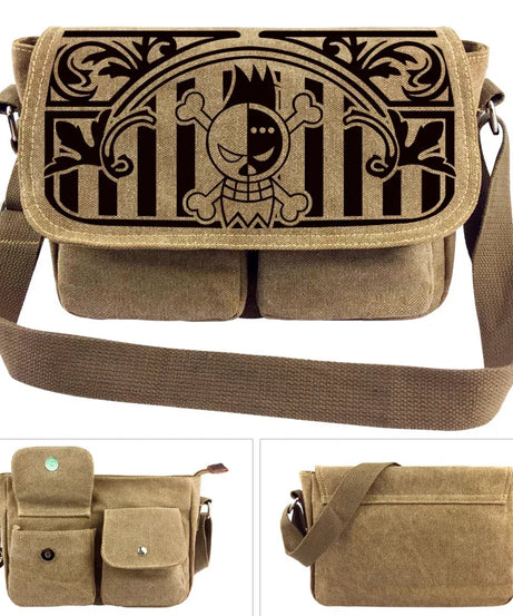 One Piece Canvas Shoulder Bag - Luffy & Law Logo Sling Bag, Unisex Student Backpack for Casual Daily Use & Anime Fans