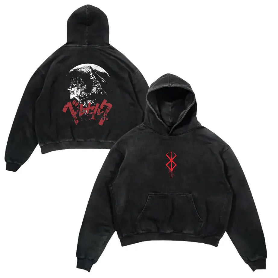 Anime Berserk Vintage Washed Hoodie – Guts Retro Print Oversized Streetwear Pullover