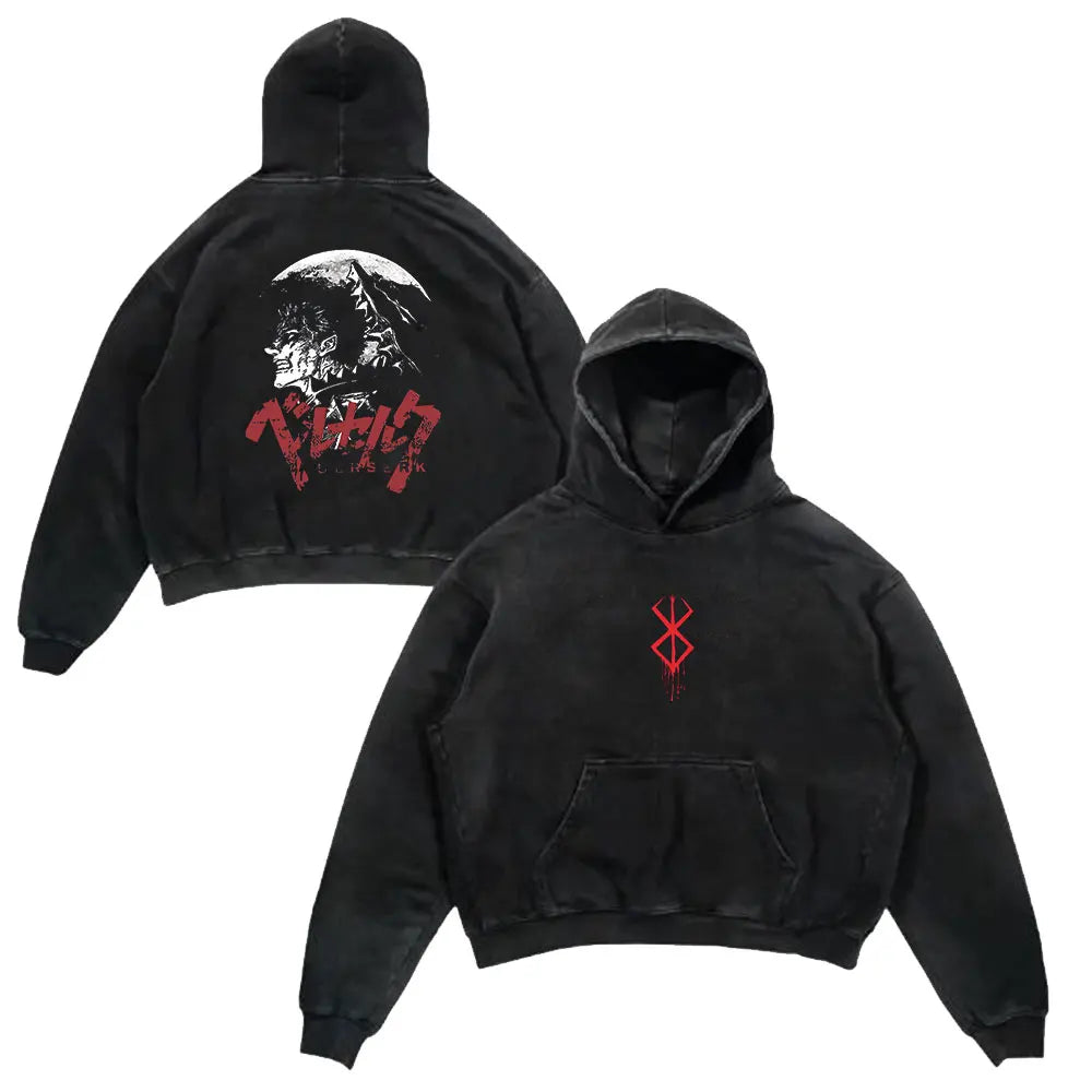 Anime Berserk Vintage Washed Hoodie – Guts Retro Print Oversized Streetwear Pullover