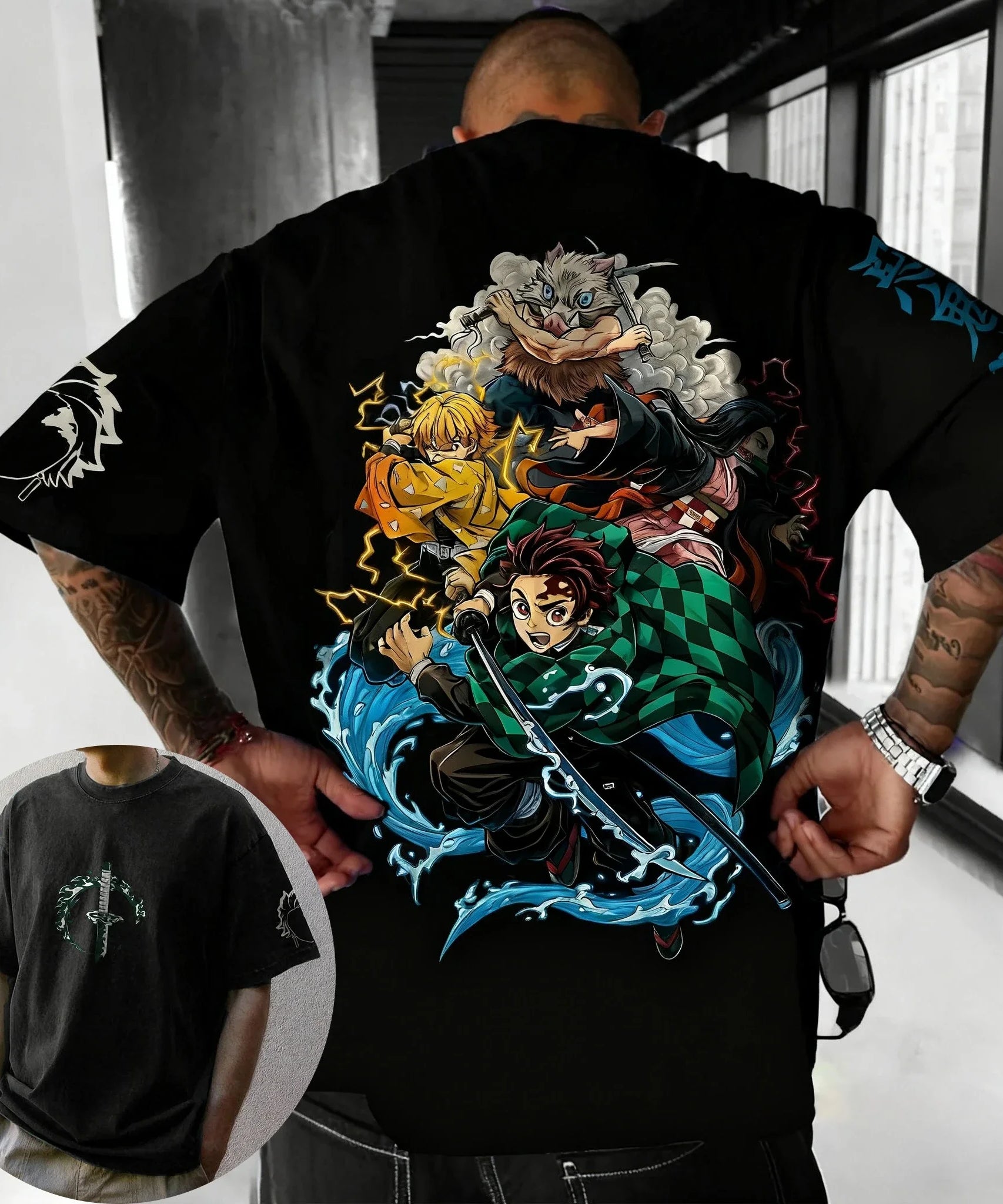 Demon Slayer Corps 9 Hashira Anime Printed T-shirt Men's Summer New Harajuku Large Size Trendy Casual Loose Parent Child Top