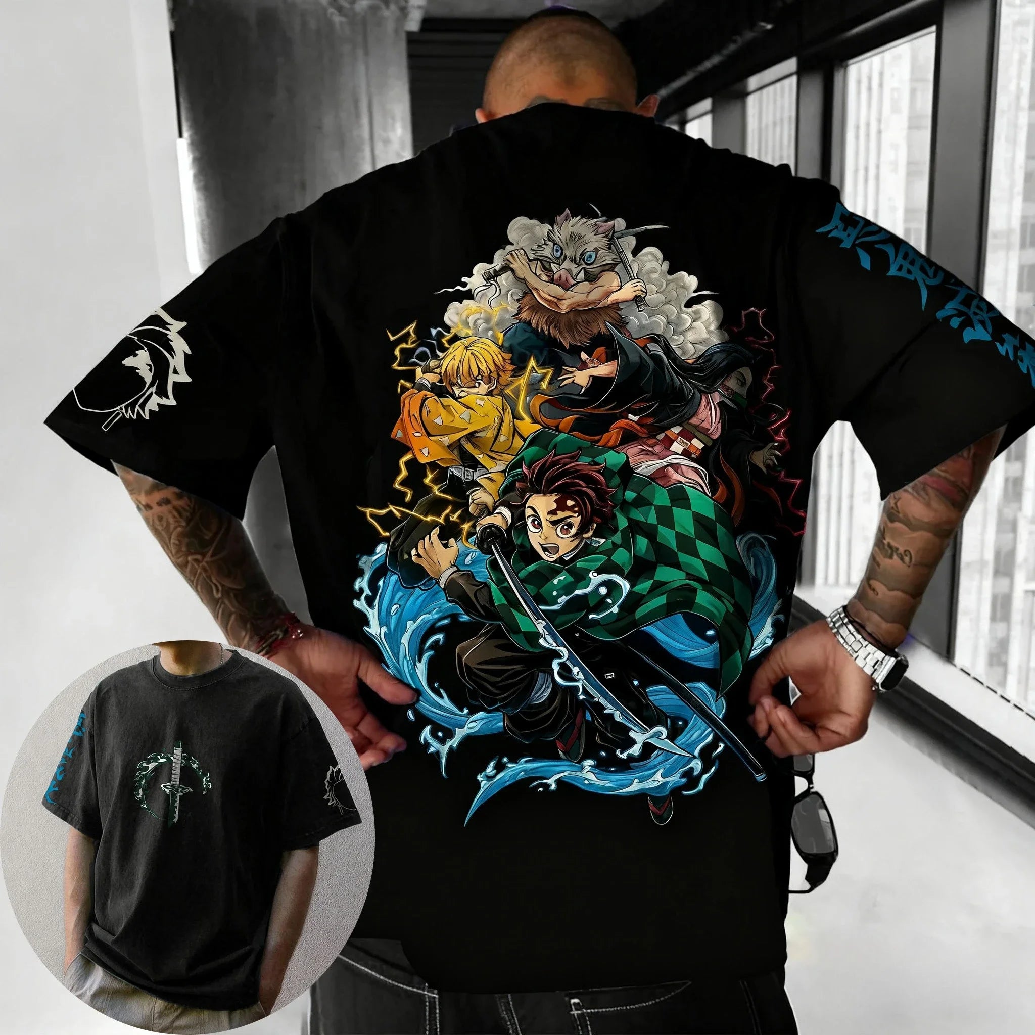 Demon Slayer Corps 9 Hashira Anime Printed T-shirt Men's Summer New Harajuku Large Size Trendy Casual Loose Parent Child Top