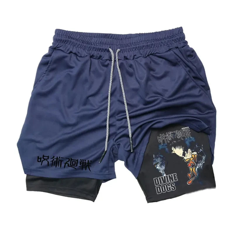 Anime Gym Shorts 2 In 1 Double Layer Men Workout Sports Jogging Sportwear Training Sport Shorts Male Summer Performance Shorts