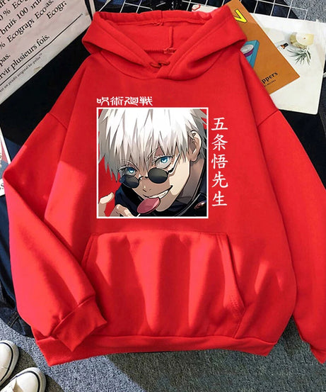 Autumn Winter Casual Anime Gojo Satoru Print Hoodies Solid Color Long Sleeve Hooded Pullovers Sweatshirts Plus Size