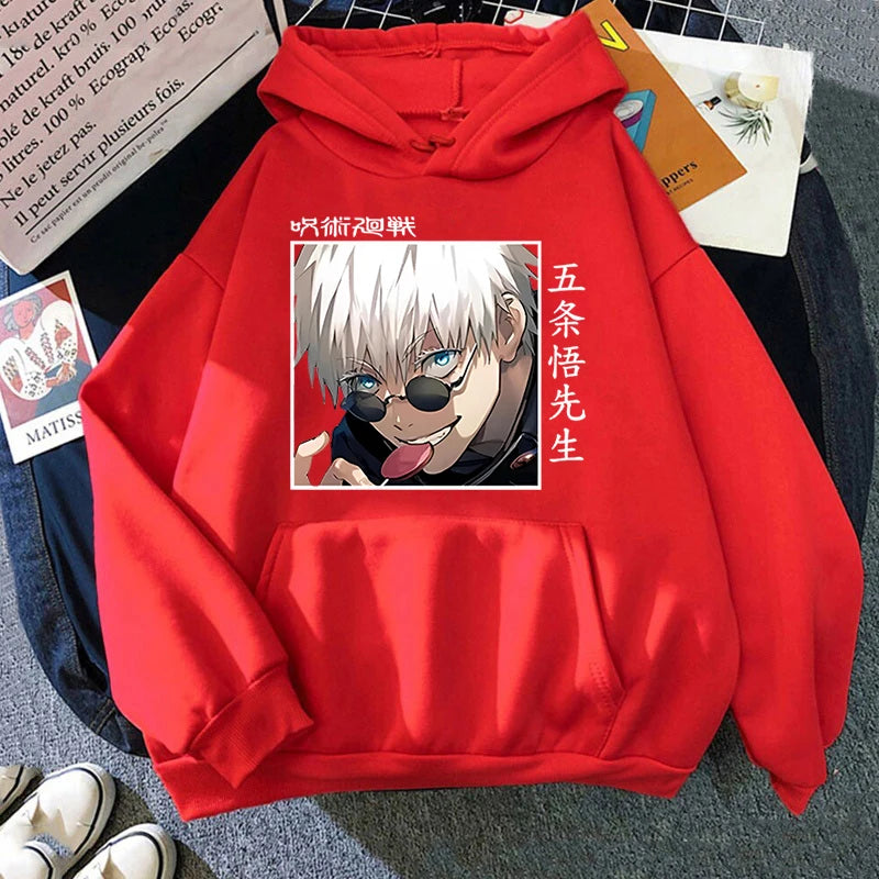 Autumn Winter Casual Anime Gojo Satoru Print Hoodies Solid Color Long Sleeve Hooded Pullovers Sweatshirts Plus Size