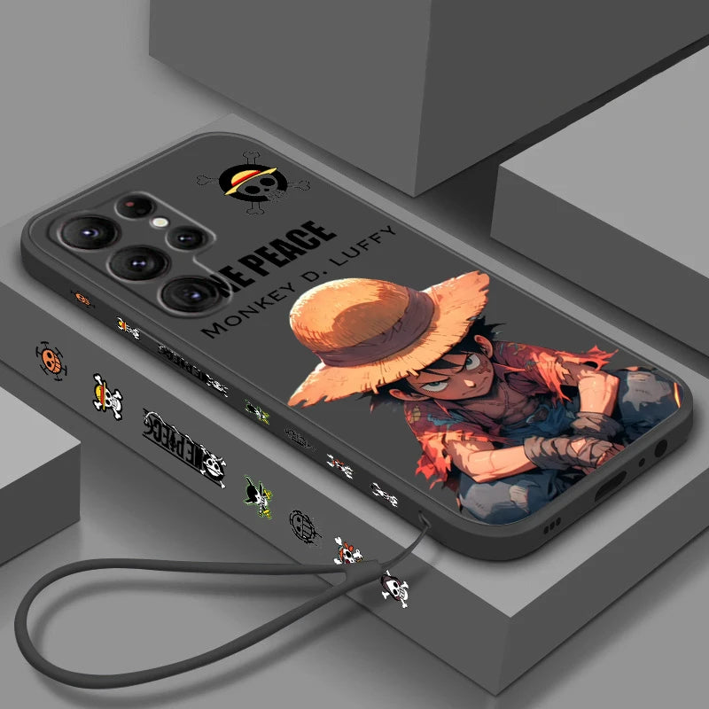 Comics One Piece Luffy For Samsung Galaxy S25 S24 S23 S22 S21 S20 Plus Ultra FE 5G Liquid Left Rope Cover Phone Case