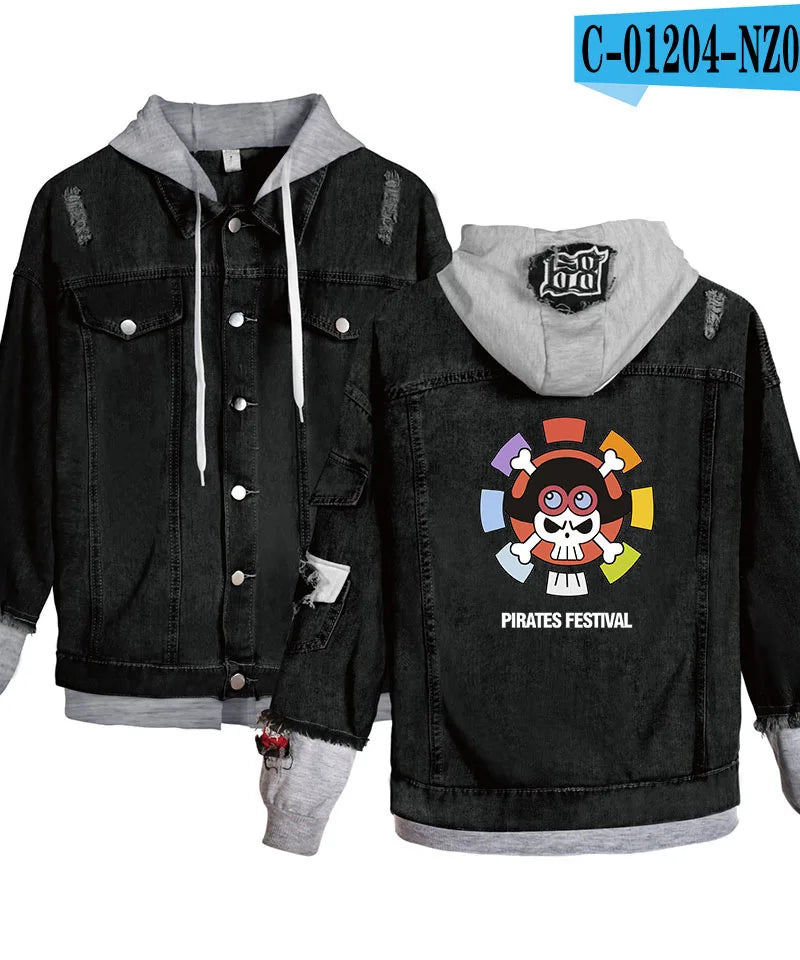 ONE PIECE Anime Chooper Denim Bomber Jacket Hooded Sweatshirt Unisex Ripped Hole Cosplay Hoodie Long-Sleeved Denim Jacket Gift