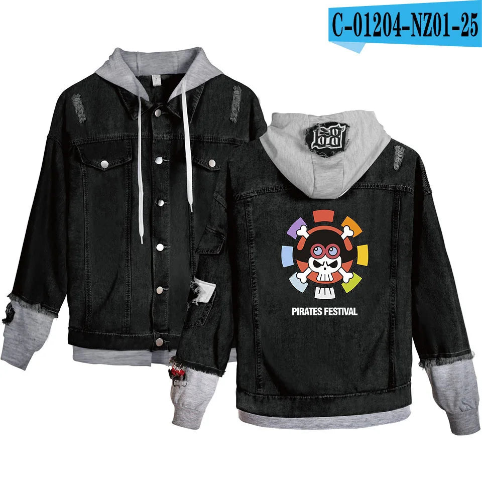 ONE PIECE Anime Chooper Denim Bomber Jacket Hooded Sweatshirt Unisex Ripped Hole Cosplay Hoodie Long-Sleeved Denim Jacket Gift