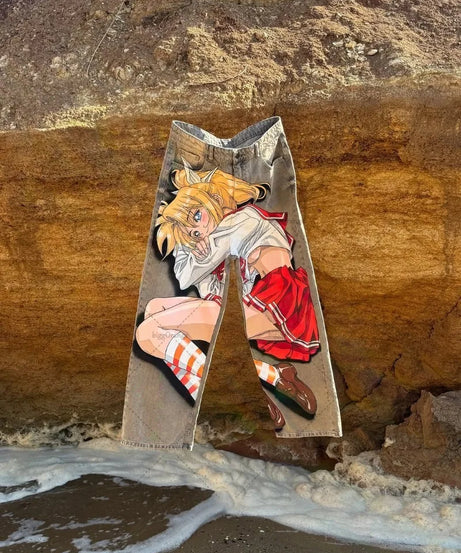 Harajuku Hip-hop Streetwear Trousers Women Y2K Retro Animation Print Baggy Jeans Men Goth High Street Loose Wide-leg Pants