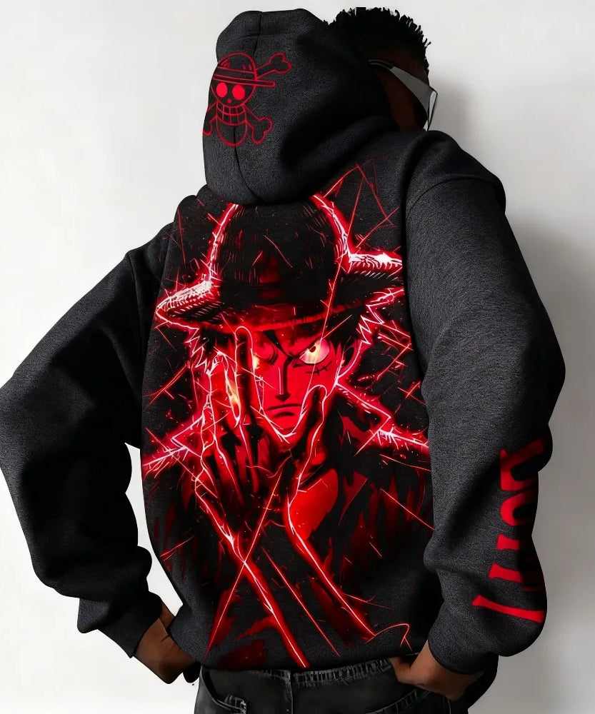 One Piece Luffy Autumn/Winter New Hoodie Men's Street Anime Printed Loose Casual American Hip Hop Parent Child Sweater Top