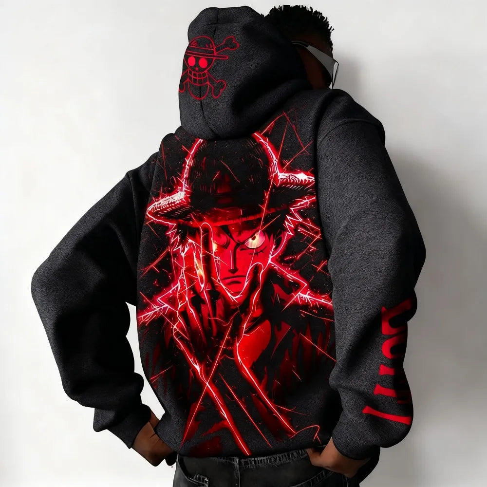 One Piece Luffy Autumn/Winter New Hoodie Men's Street Anime Printed Loose Casual American Hip Hop Parent Child Sweater Top