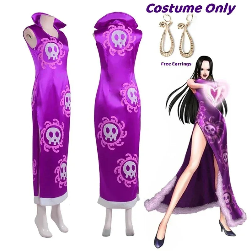Boa Hancock Cosplay Costume Anime Kimono Purple Dress Cheongsam Cloak Women Halloween Fancy Dress Cheongsam Uniform Suits