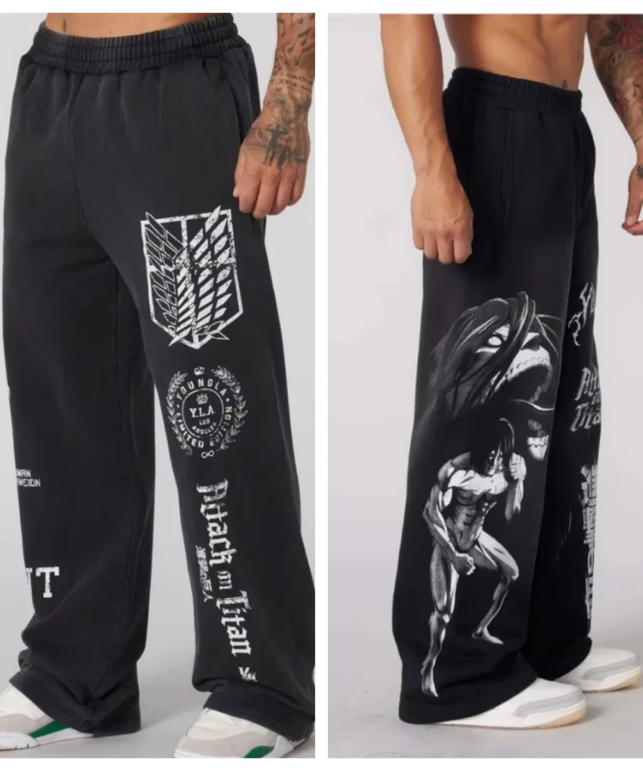 Attack on titans sweatpants collaboration anime joggers, cotton terry print, wide-leg casual pants, hip-hop street pants