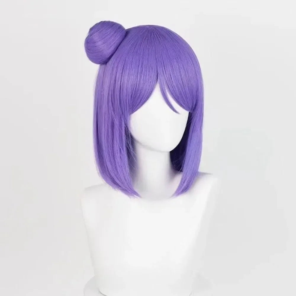 Anime Naruto Konan Cosplay Wig – Short Purple Bob with Side Bun & Flower Hairpiece 2