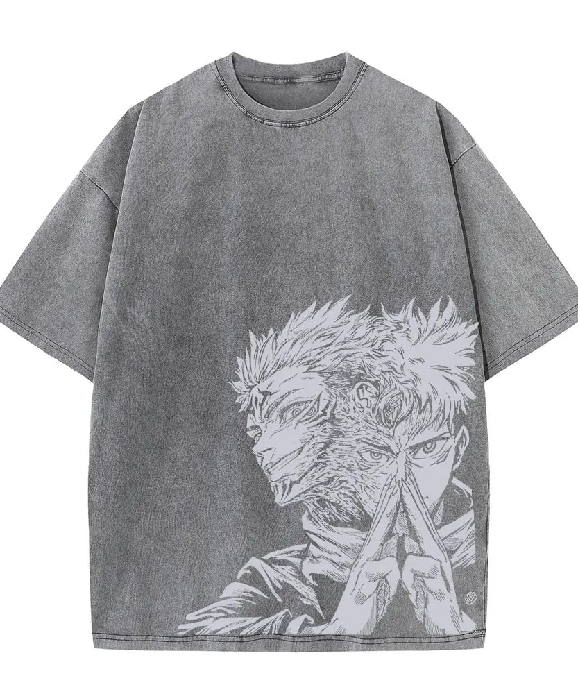 Summer Washed T Shirt Anime Graphic Print Streetwear Vintage Oversized T-Shirt Men Fashion Cotton Top Tee Black Tshirt