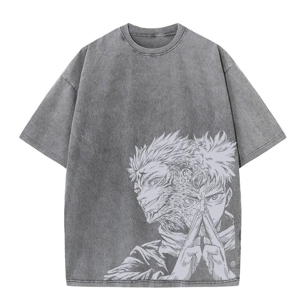 Summer Washed T Shirt Anime Graphic Print Streetwear Vintage Oversized T-Shirt Men Fashion Cotton Top Tee Black Tshirt