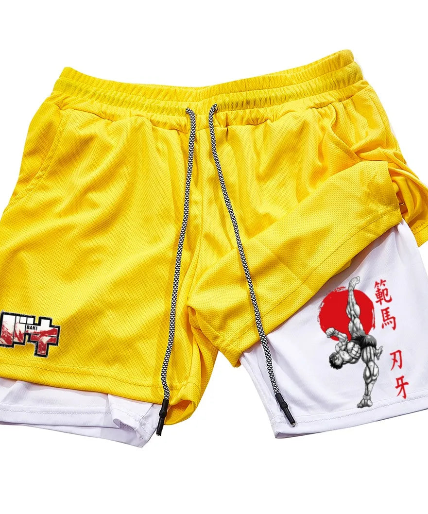 Men's and women's gym shorts, quick drying mesh shorts, animated printed Baki Hanma, sleeves, 2-in-1
