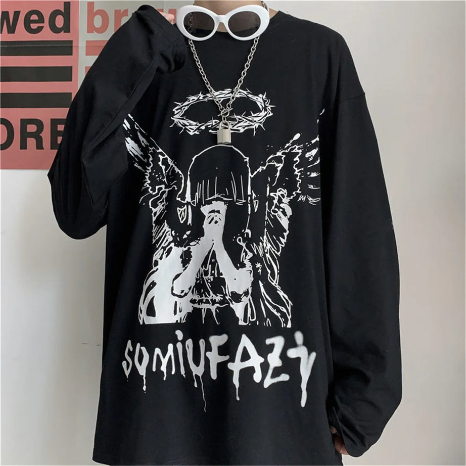 Black Fashion Angel Print T Shirt Hip Hop Men Autumn Long Sleeve Loose T-Shirt Casual Oversized Basic Kawaii Tee Soft Tops Male