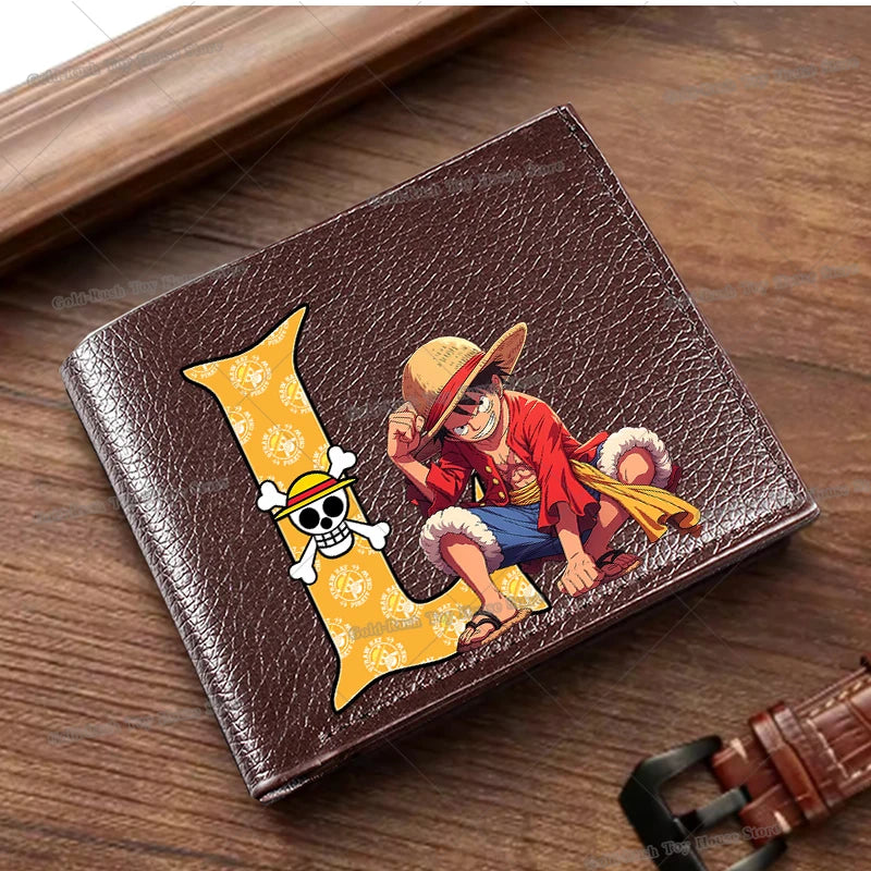 Anime Luffy Men Pu Wallet One Piece Letter A-Z Foldable Short Wallet Man Portable Credit ID Card Holder Male Pocket Coin Purse