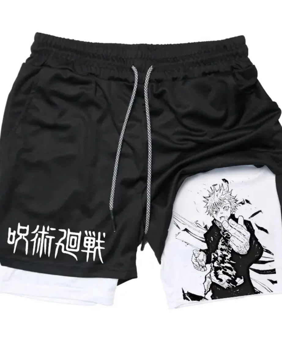 Anime Jujutsu Kaisen Performance Yuji Print Sport Running 2 in 1 Gym Shorts Training Men's Summer Workout Sportwear Y2K Shorts