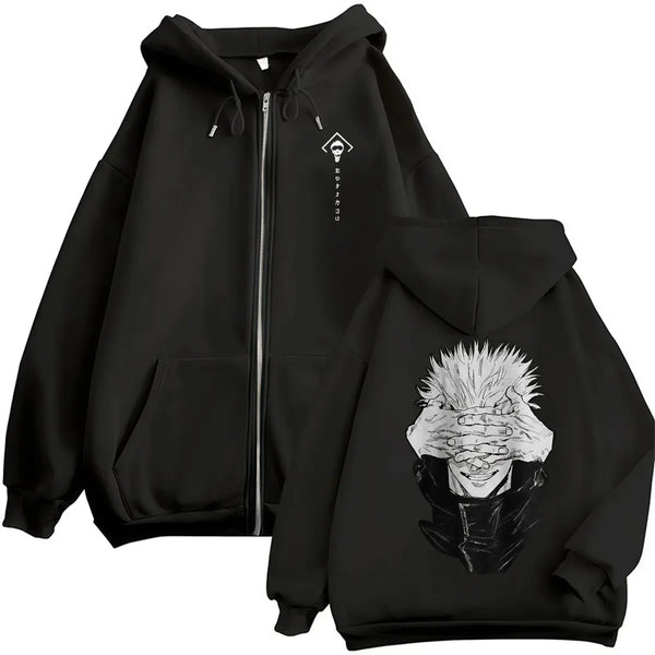 Jujutsu Kaisen Gojo Satoru Anime Zipper Hoodie – Gothic Manga Zip-Up Sweatshirt